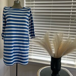 LANDS END PONTE STRETCH KNIT SHEATH DRESS Sz. 14P BLUE/WHITE NAUTICAL STRIPE